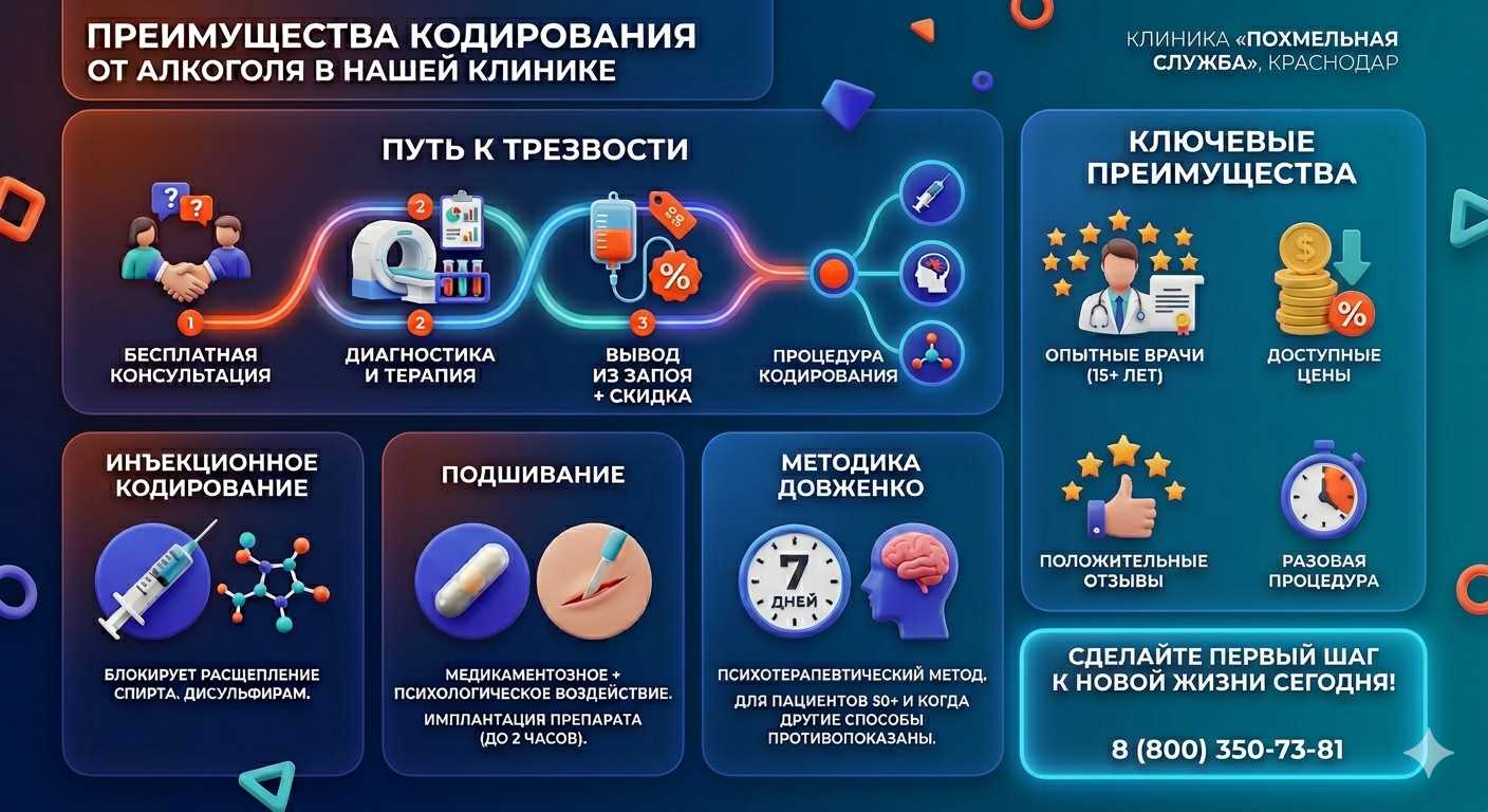 Инфографика о методах кодирования от алкоголя в Ноябрьске: инъекции, подшивание, метод Довженко. Преимущества клиники и этапы лечения.