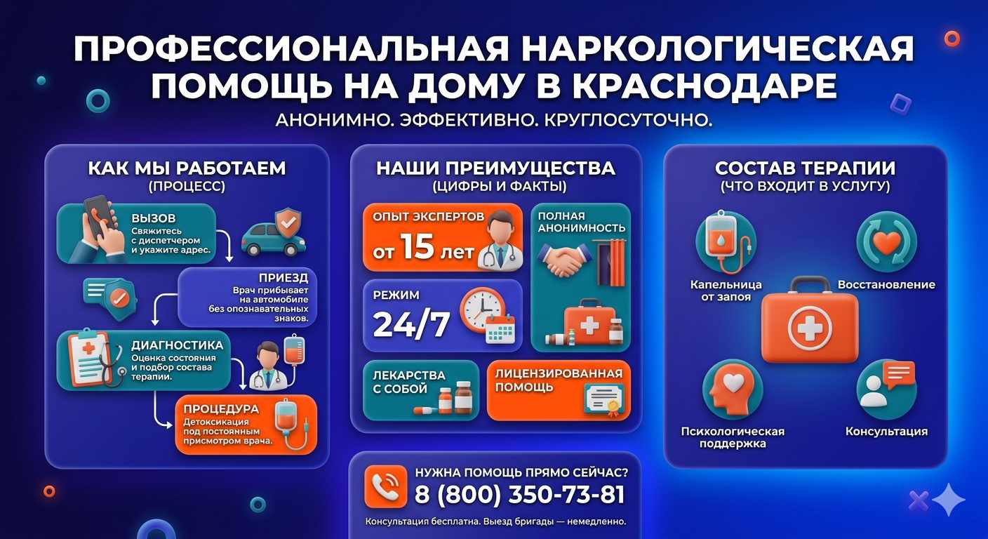 Инфографика о принципах лечения алкоголизма на дому в Ноябрьске: этапы вызова нарколога, преимущества анонимной детоксикации и состав медицинской помощи.